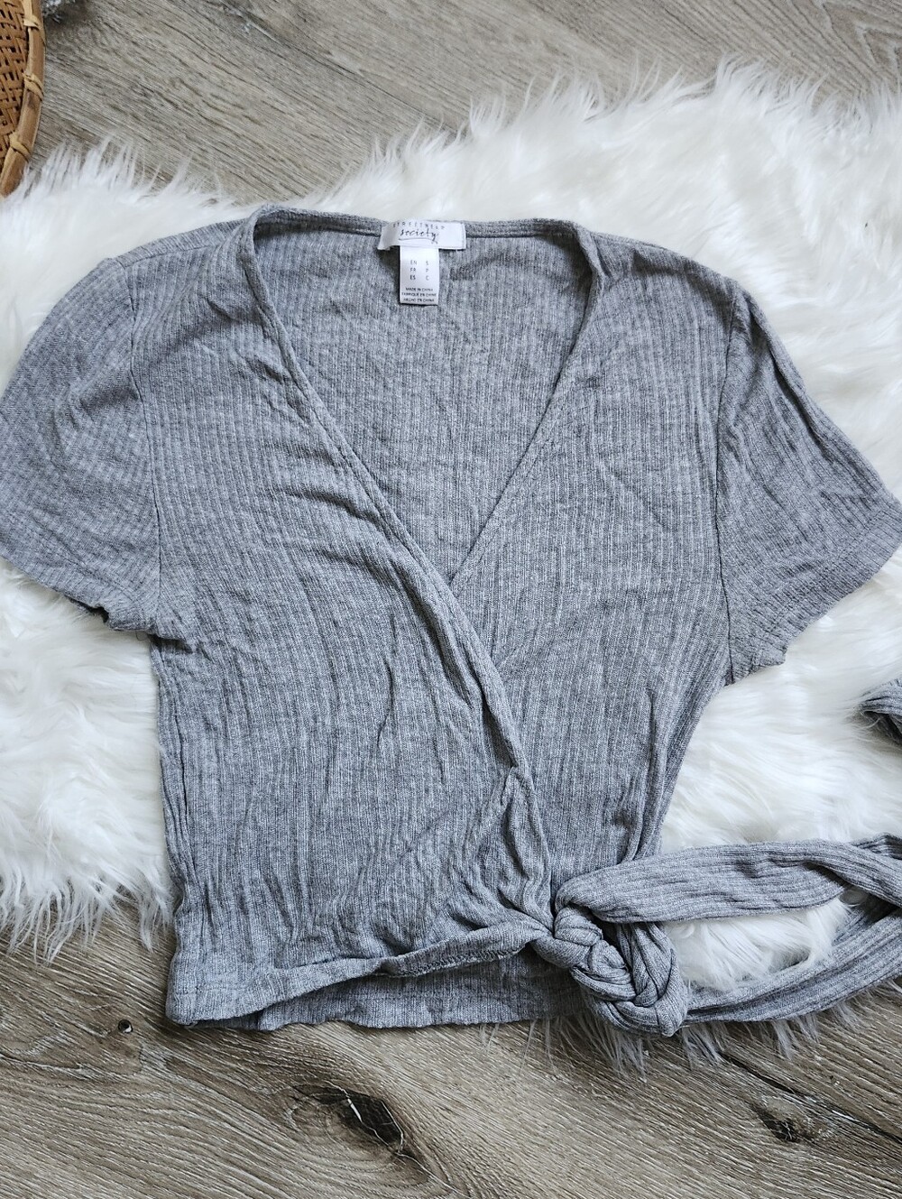 Streetwear Society Gray Ribbed Wrap Crop Top with Side Tie